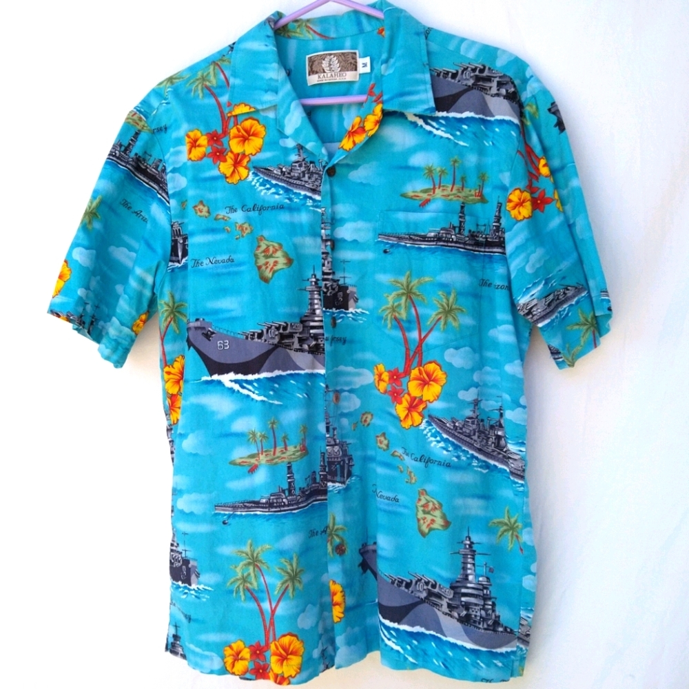 Vintage Kalaheo Blue Naval Ships Cotton-blend Hawaiian Shirt Men's Medium